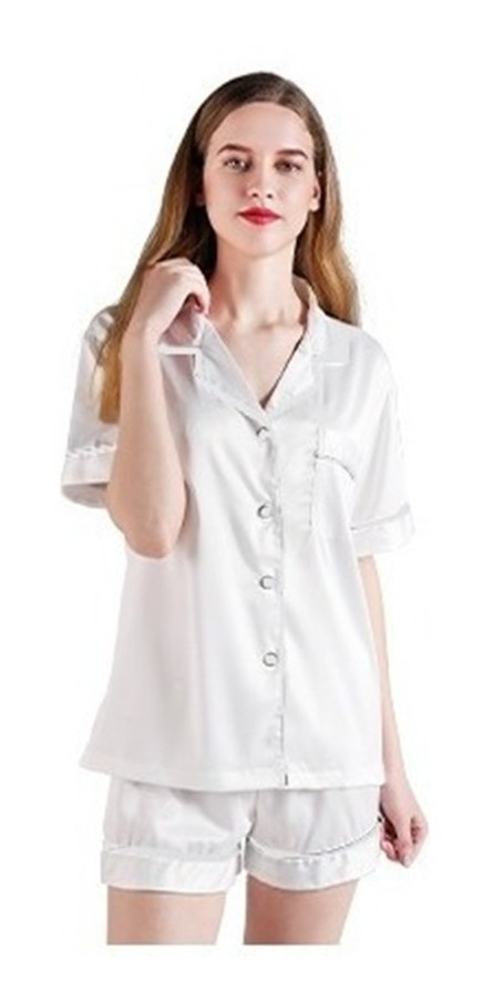 Pijama De Raso Satén Manga Corta Pantalón Corto Con Botones